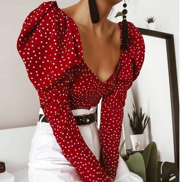 Puff sleeve crop top blouse shirt polka dot red top shirt open back tie - Picture 2 of 6